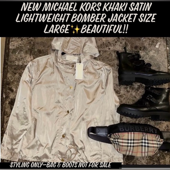 New Michael Kors Khaki Satin Lightweight Bomber Jacket Size Large✨Beautiful!! - Picture 1 of 11